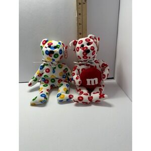 Ty Beanie Babies M&M's Plush Bears Set of 2 White Multicolor and Red 2004 2005